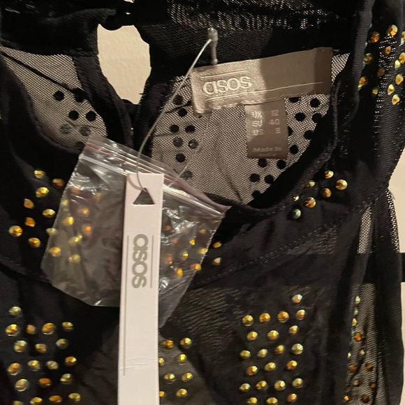 ASOS Sexy Gold Crystal Stud Mesh Black Halter Neck Backless Bodysuit - Picture 8 of 11